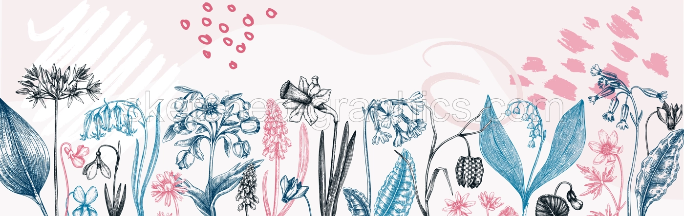 Horizontal trendy banner with wildflowers sketches. Floral backdrop in collage style. Delicate contoured blooming flowers border with abstract elements. Spring woodland botanical background Illustration